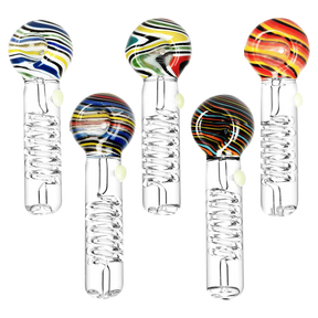 Pulsar Glycerin Coil Spoon Pipes with colorful swirl designs, front view on white background