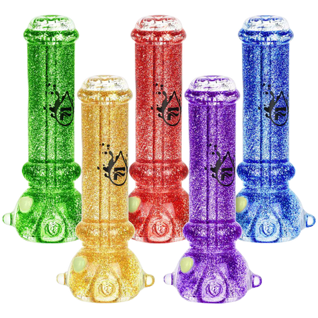 Pulsar Glycerin Glitter Taster Bat hand pipes in green, gold, red, purple, blue, front view