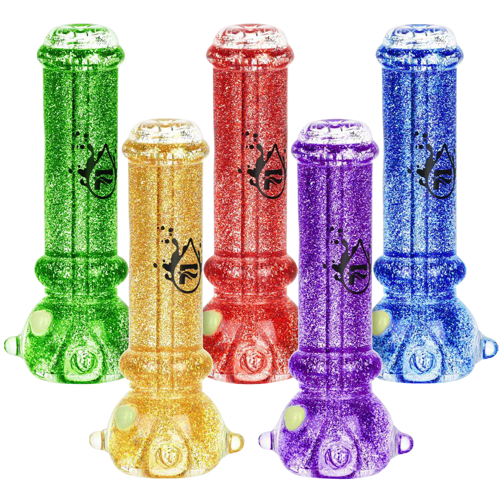 Pulsar Glycerin Glitter Taster Bat hand pipes in green, gold, red, purple, blue, front view