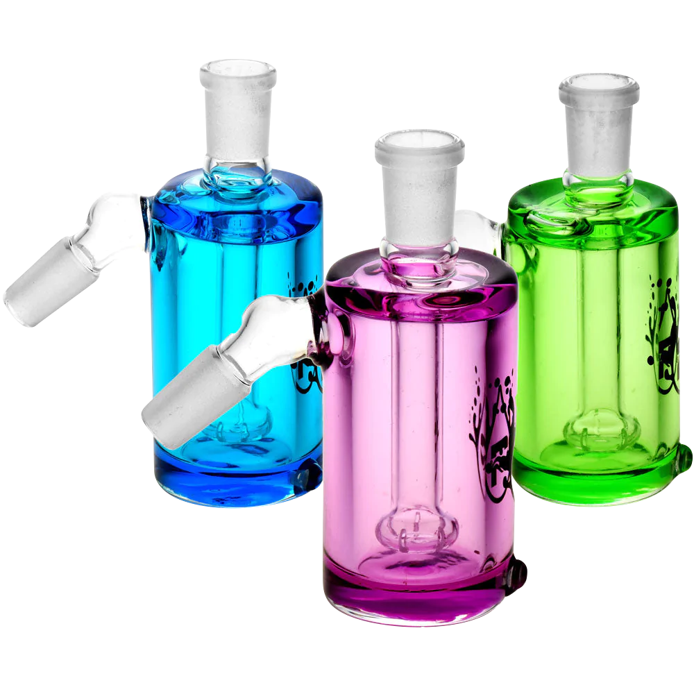 Pulsar Glycerin Series Ash Catchers in blue, pink, and green, 45 Degree Joint Angle, Disc Percolator