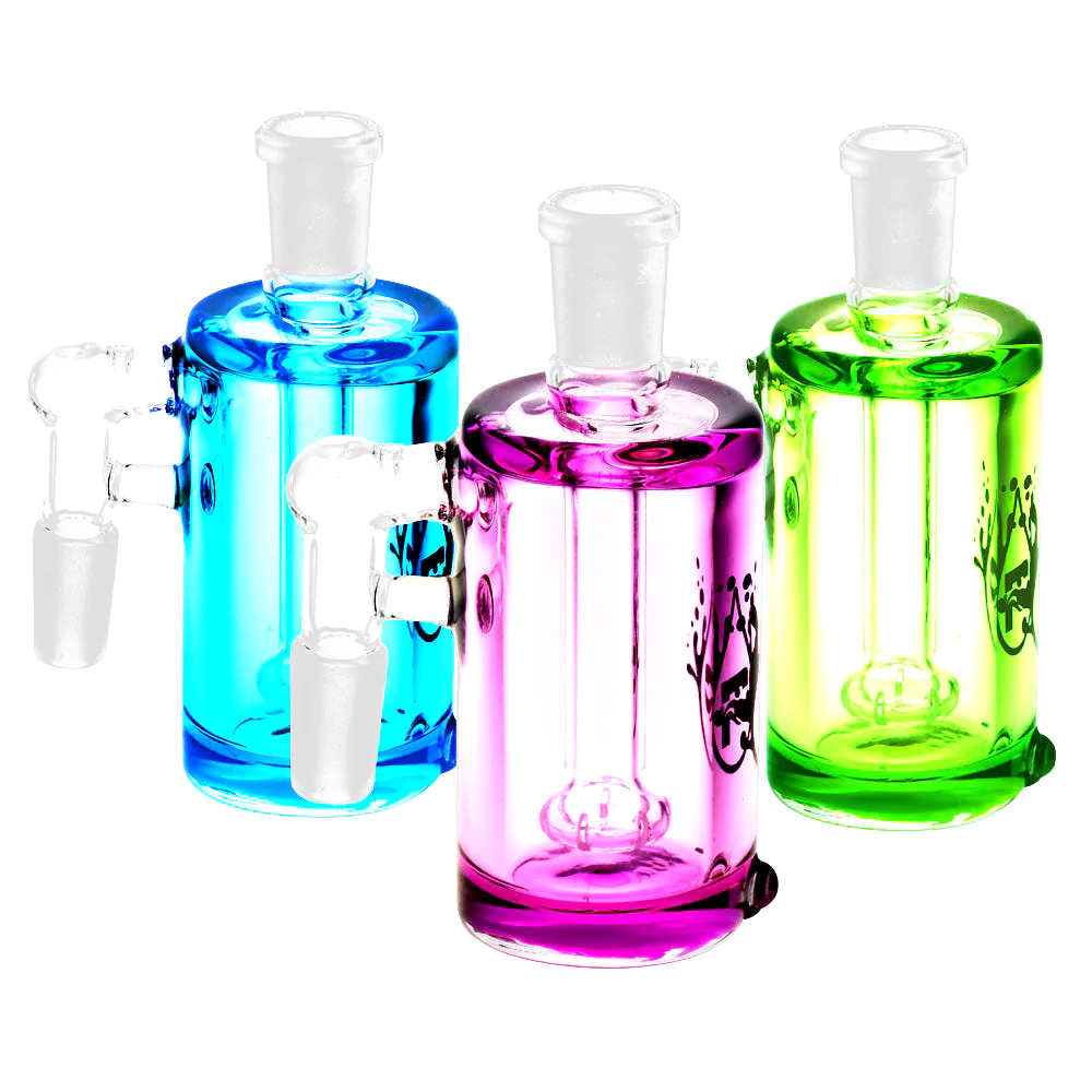 Pulsar Glycerin Series Ash Catchers in blue, pink, and green with 90-degree joints