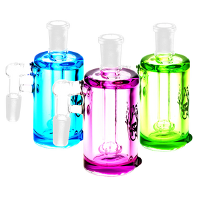 Pulsar Glycerin Series Ash Catchers in blue, pink, and green with 90-degree joints