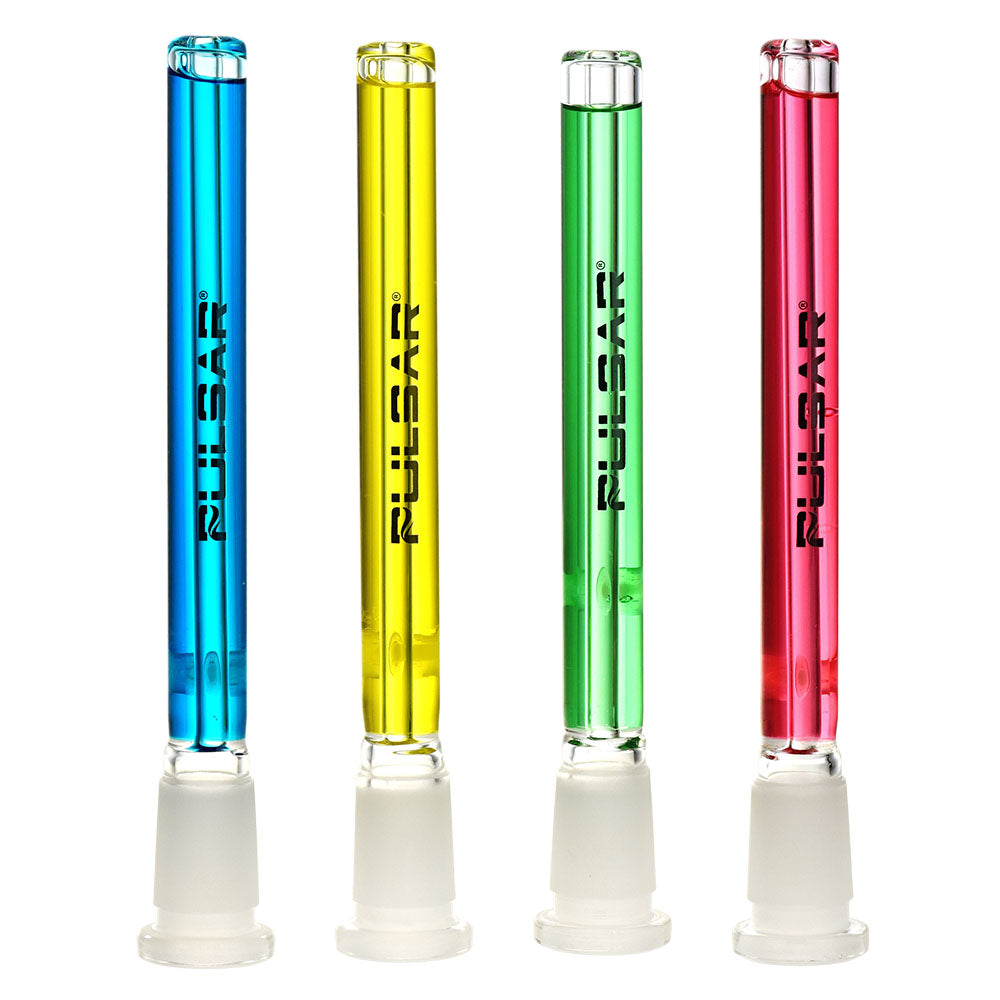 Pulsar Glycerin Series Borosilicate Glass Downstems in Assorted Colors Displayed Vertically