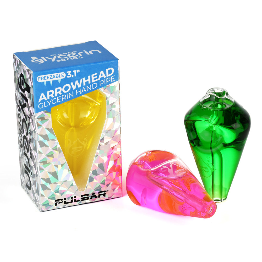 Pulsar Glycerin Series Freezable Arrowhead Pipes in green and pink beside box