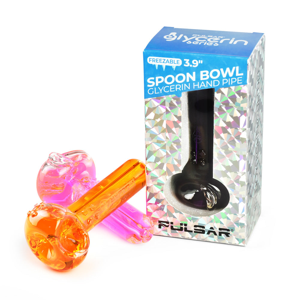 Pulsar Glycerin Series Freezable Spoon Hand Pipe in orange, front view with packaging