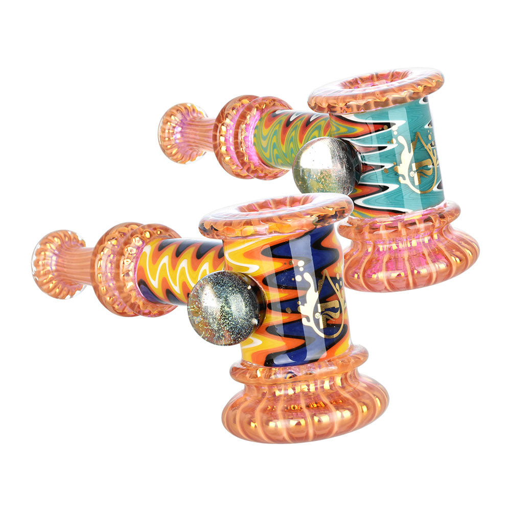 Pulsar Gold Fume Wig Wag Bubbler with intricate design, front and angle view on white background