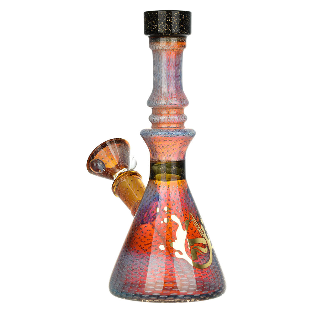 Pulsar Heady Bubble Matrix Beaker Water Pipe with Dichro, 7" height, 14mm female joint, front view on white background