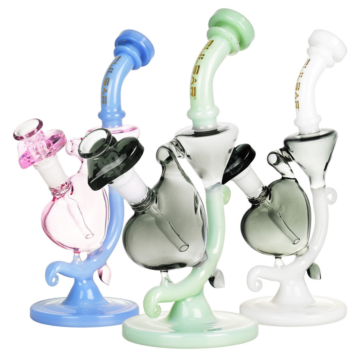 Pulsar Heart Recycler Water Pipes in Blue, Pink, and White, 8.5" Borosilicate Glass, Front View