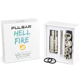 Pulsar Hell Fire Atomizer with 5-piece Coil Kit displayed next to its packaging