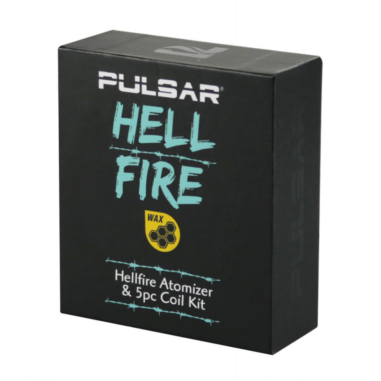 Pulsar Hell Fire Atomizer & 5pc Coil Kit packaging front view on seamless white background
