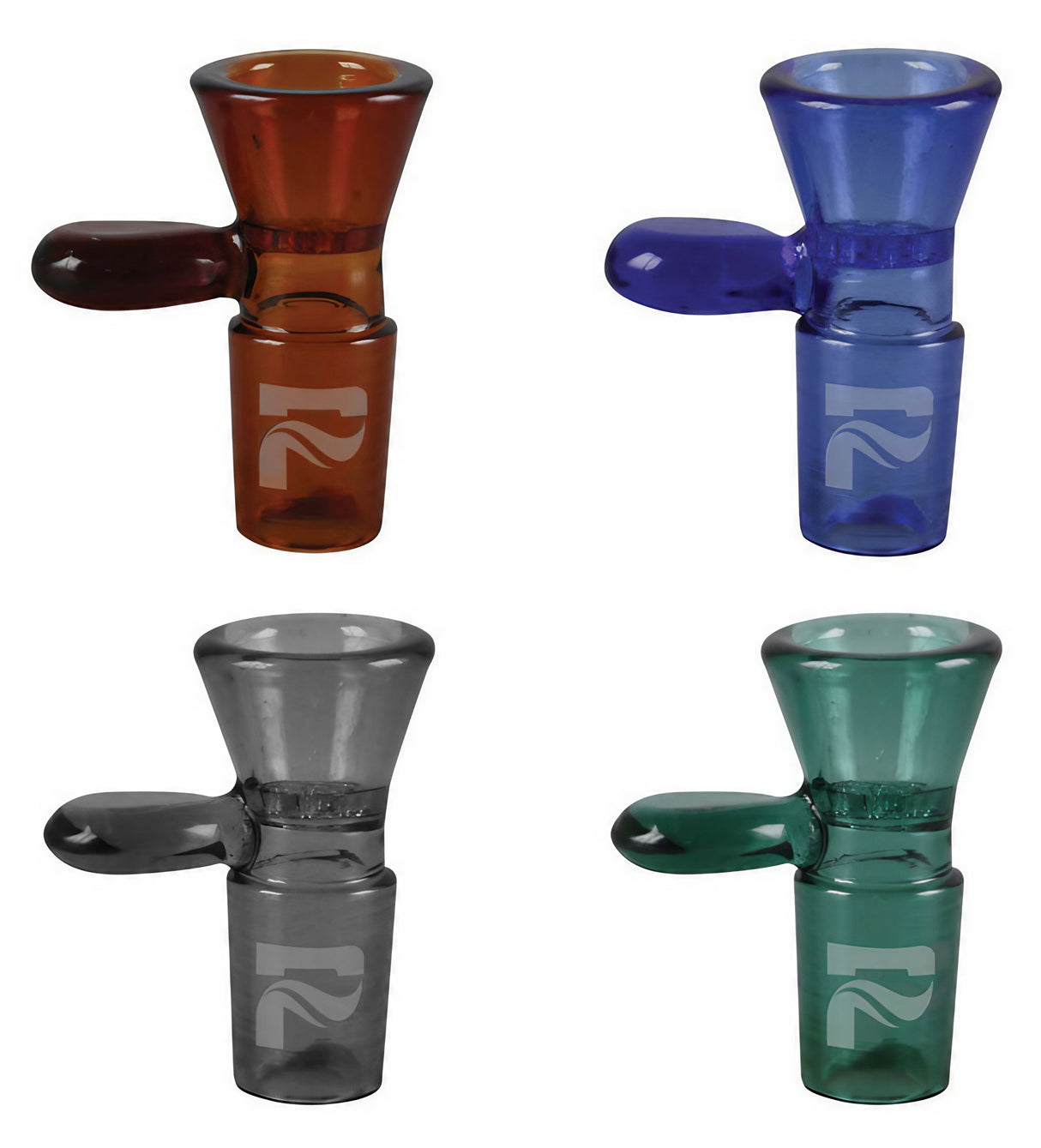 Assorted Pulsar Herb Slides with Male Joint & Handle, shown in 4 colors, ideal for bongs and dab rigs