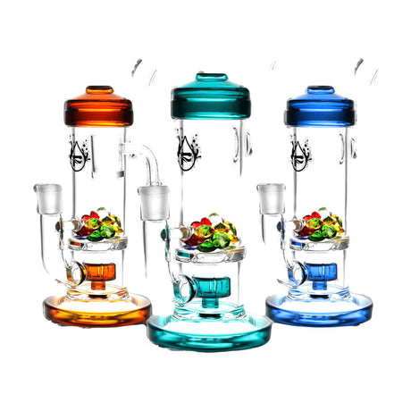 Pulsar Hidden Gems French Press Dab Rigs in orange, teal, and blue variants with quartz bangers