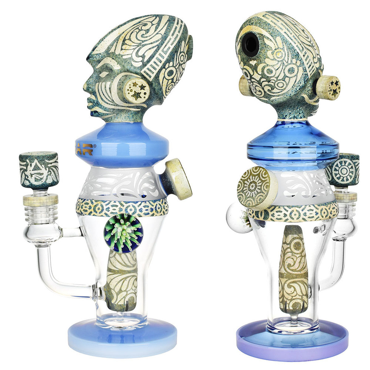 Pulsar Hieroglyph High Priestess Water Pipe with intricate designs, front and side views
