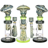 Pulsar Hieroglyphs Mushroom Wizard Water Pipe, 10.5", clear borosilicate glass, front and angle views