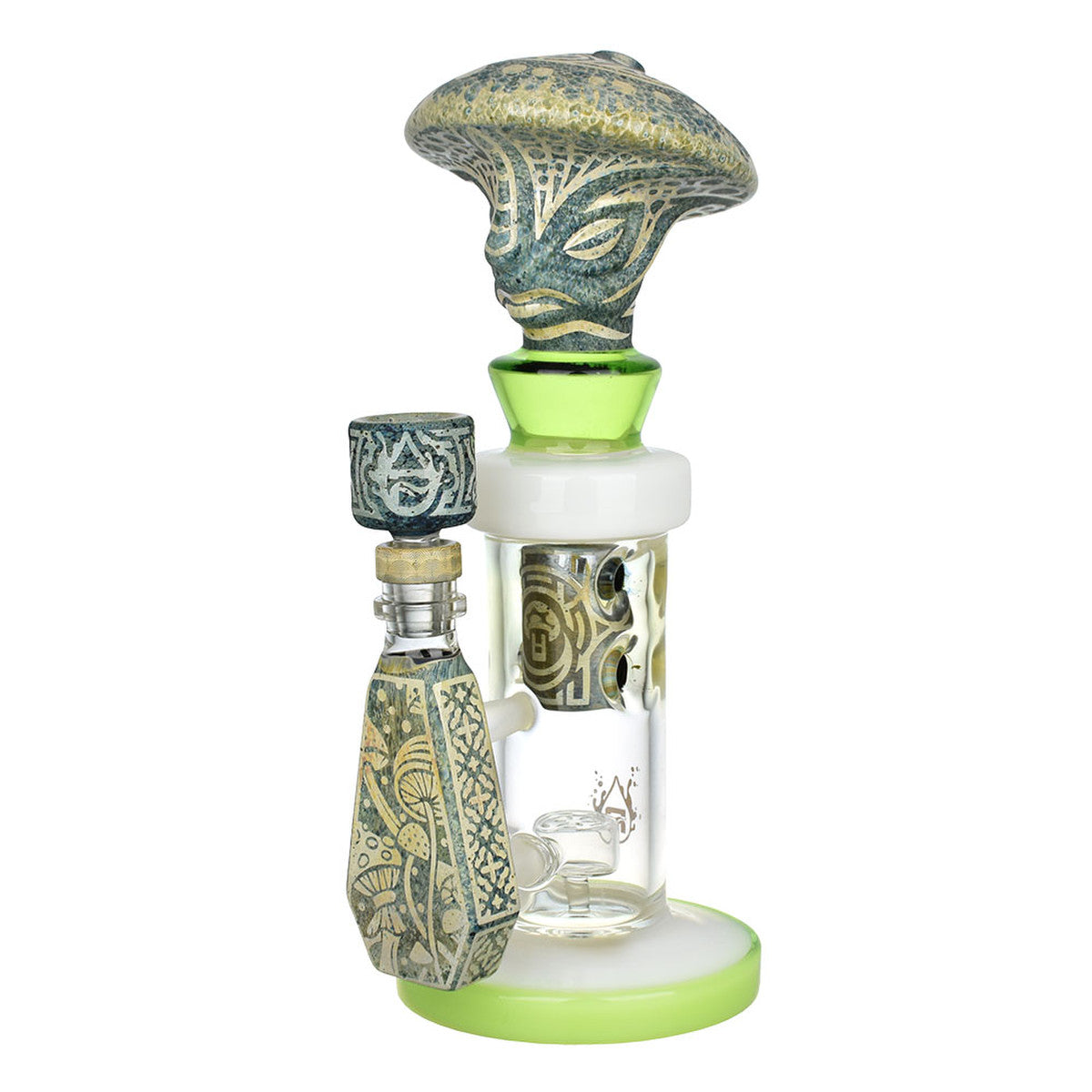 Pulsar Hieroglyphs Mushroom Wizard Water Pipe, 10.5", clear borosilicate glass, front view on white