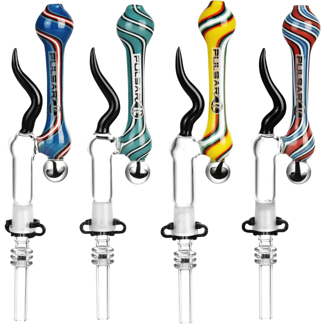 Pulsar High End Horned Glass Dab Straws with Quartz Tips, Side View, Various Colors