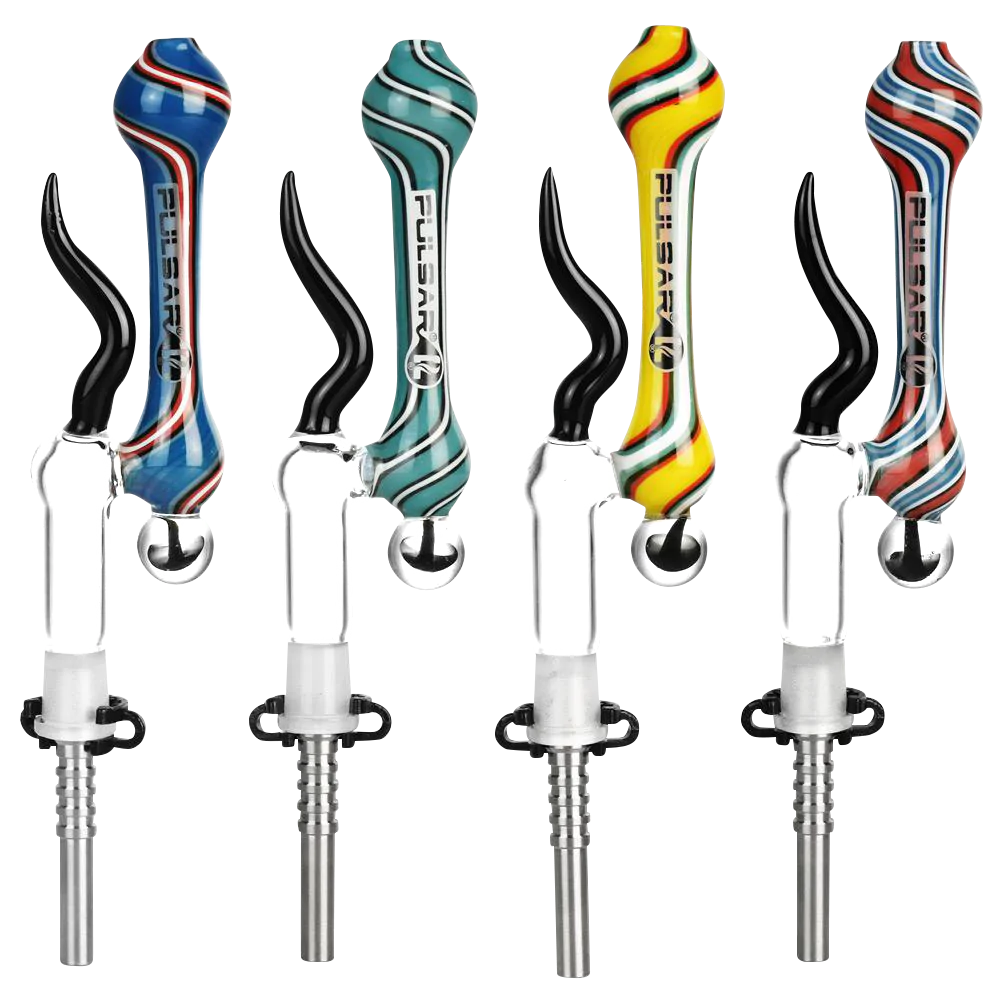 Pulsar High End Horned Glass Dab Straws with Titanium Tips, featuring sidecar design in various colors