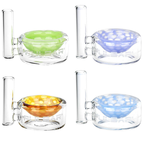 Pulsar Honeycomb Concentrate Dishes in various colors with dabber holders, top view on white
