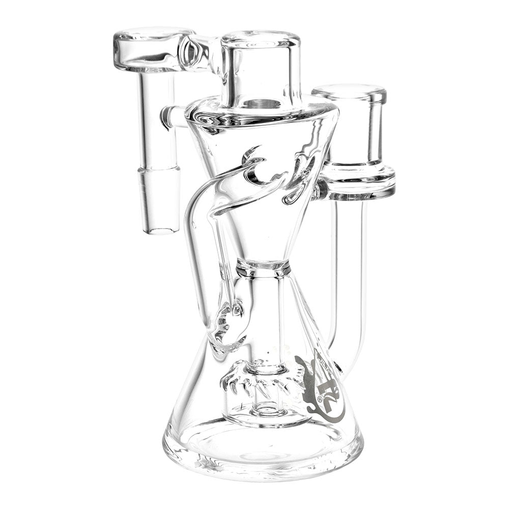 Pulsar Hourglass Recycler Ash Catcher, 5.25" 14mm, Clear Borosilicate Glass, 45 Degree Joint Angle, Side View