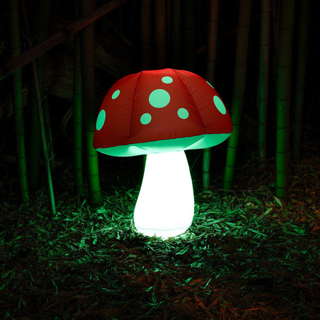 Pulsar Inflatashroom with LED light, glowing in dark outdoor setting, novelty home decor