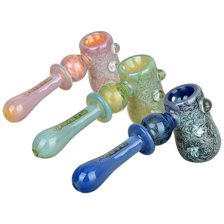 Pulsar Glass Hammer Bubblers with Melting Shrooms design in various colors, angled view
