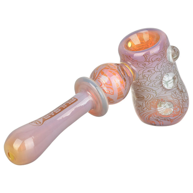 Pulsar Glass Hammer Bubbler with Melting Shrooms design, 5.25" height, side view on white