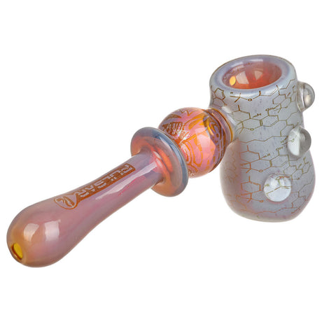 Pulsar Glass Hammer Bubbler with THC Blueprint Design, Blue Accents, Side View
