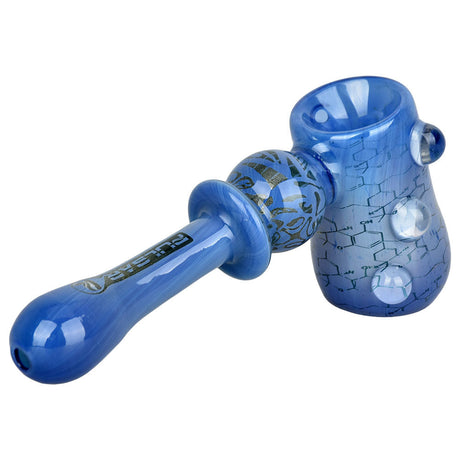 Pulsar Glass Hammer Bubbler with THC Blueprint Design in Blue, Side View on White Background