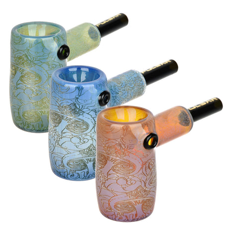 Pulsar Glass Mini Hammer Bubblers with Melting Shrooms design in Black, Blue, and Peach variants