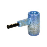 Pulsar Glass Mini Hammer Bubbler with Melting Shrooms design, black color, side view on white background