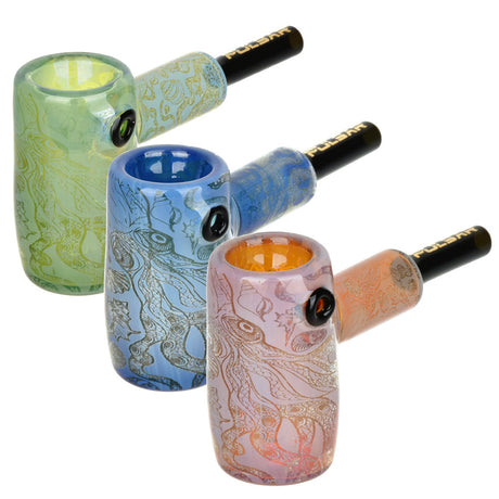 Pulsar Glass Mini Hammer Bubblers with Octopus Print in Black, Blue, and Peach Colors