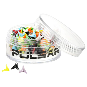 Pulsar Jack Glass Screens in assorted colors, 8-9mm, 250 pack, displayed in clear container