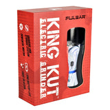 Pulsar King Kut Electric Herb Grinder in packaging, battery-powered, medium size, black and clear