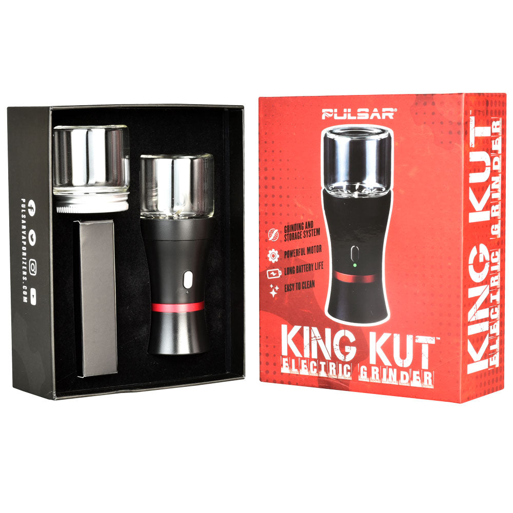Pulsar King Kut Electric Herb Grinder in black with clear glass, battery-powered and medium-sized, displayed with packaging