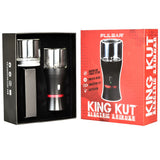 Pulsar King Kut Electric Herb Grinder in black with clear glass, battery-powered and medium-sized, displayed with packaging