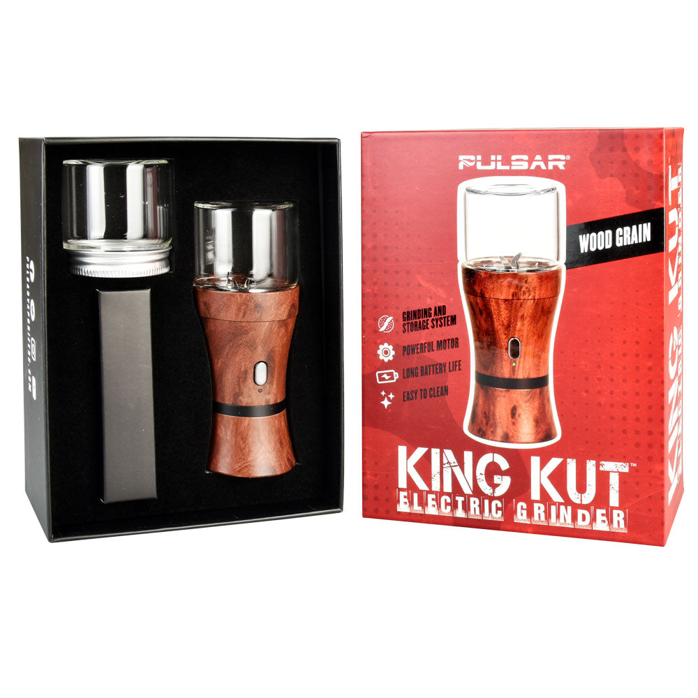 Pulsar King Kut Electric Herb Grinder in Wood Grain, Battery Powered, Medium Size, Front View