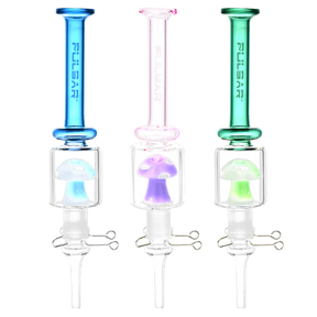 Pulsar Magic Shroom Quartz Tip Vapor Vessels in blue, pink, and green, front view on white background