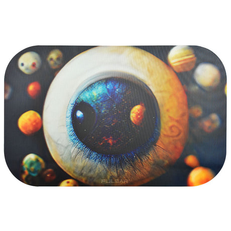 Pulsar Magnetic 3D Rolling Tray Lid featuring a cosmic eye and planets, 11"x7" size, top view