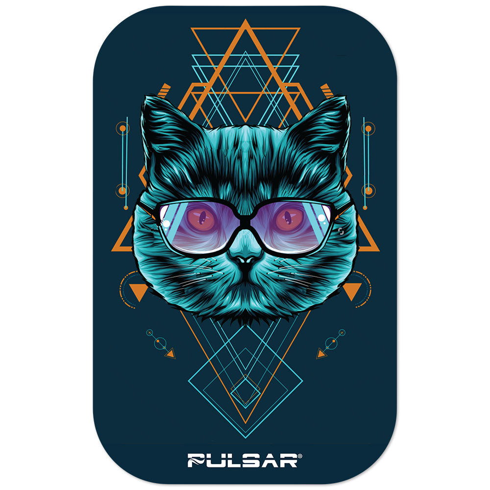 Pulsar Sacred Cat Geometry Magnetic 3D Rolling Tray Lid, 11"x7" with vibrant artwork, top view