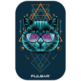 Pulsar Sacred Cat Geometry Magnetic 3D Rolling Tray Lid, 11"x7" with vibrant artwork, top view