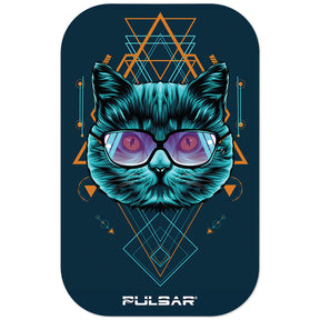 Pulsar Sacred Cat Geometry Magnetic 3D Rolling Tray Lid, 11"x7" with vibrant artwork, top view