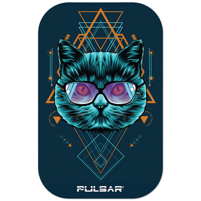 Pulsar Sacred Cat Geometry Magnetic 3D Rolling Tray Lid, 11"x7" with vibrant artwork, top view