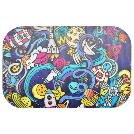Pulsar Magnetic 3D Rolling Tray Lid with vibrant Space Junk design, medium size, 11"x7" top view
