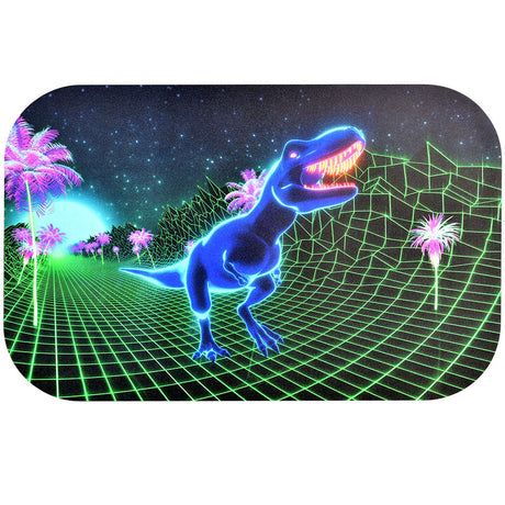 Pulsar 80s T-Rex Magnetic Rolling Tray Lid, 11"x7", vibrant retro design, top view