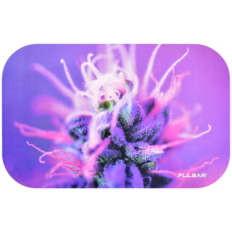 Pulsar Magnetic Rolling Tray Lid with vibrant flowering cannabis design, 11"x7" size, top view