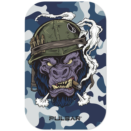 Pulsar Magnetic Rolling Tray Lid featuring Gorilla Warfare design, 11"x7" size, top view on white background