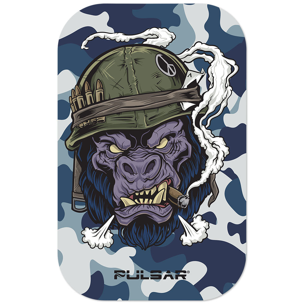 Pulsar Magnetic Rolling Tray Lid featuring Gorilla Warfare design, 11"x7" size, top view on white background