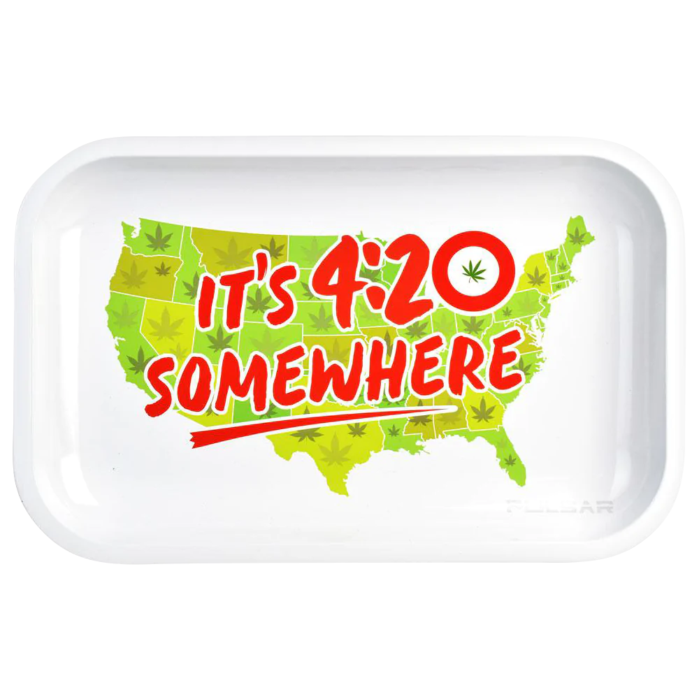 Pulsar Metal Rolling Tray with 'It's 4:20 Somewhere' Design - 11" x 7" Top View