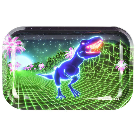 Pulsar 80s T-Rex Metal Rolling Tray, 11"x7", vibrant retro design, front view on white background