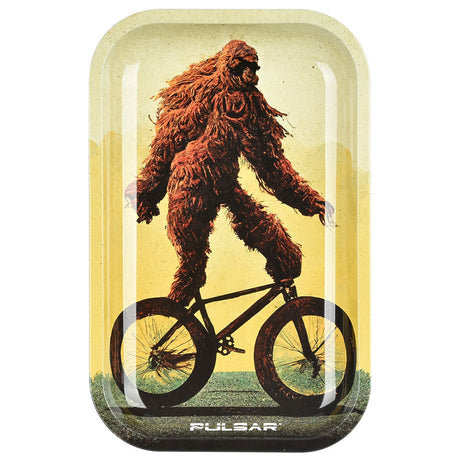 Pulsar Metal Rolling Tray featuring Bigfoot on a Bike, 11"x7" size, front view on white background